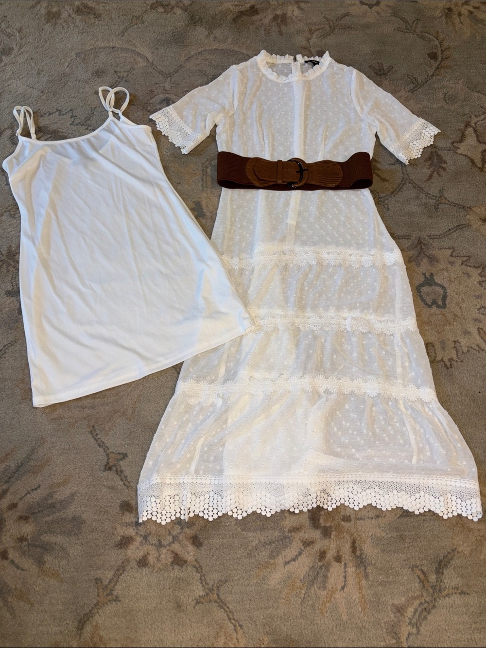 Lulu's White Sheer Lace Midi Dress with Brown Belt